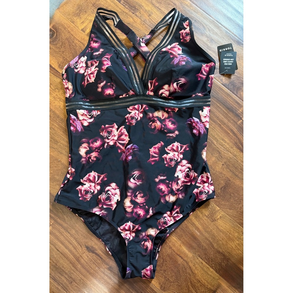 NWT Torrid Black Floral One Piece Swimsuit Sz 0 Summer Slimming Peek Trim Curvy
